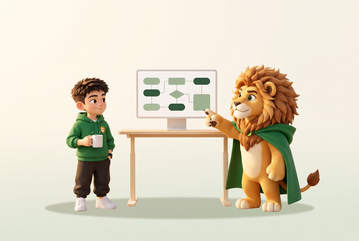 张张和 Brave 在工作台前，看屏幕上的 AI 工作流